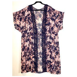 Plus size Floral Kimono Topper Navy Blue with Peach Flowers & Lace Trim 1x 2x 3x